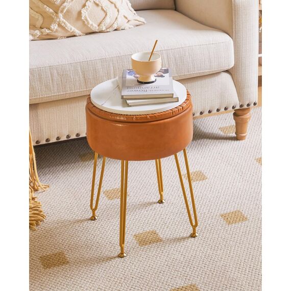 IBUYKE Faux Leder Runde Fußlehne Hocker mit Lagerung Ottoman, Make-up Eitelkeit Stuhl Seitentisch, PU Umkleidetisch Sitz, abnehmbare Abdeckung, goldene Stahlbeine, Hellbraun WBD024J