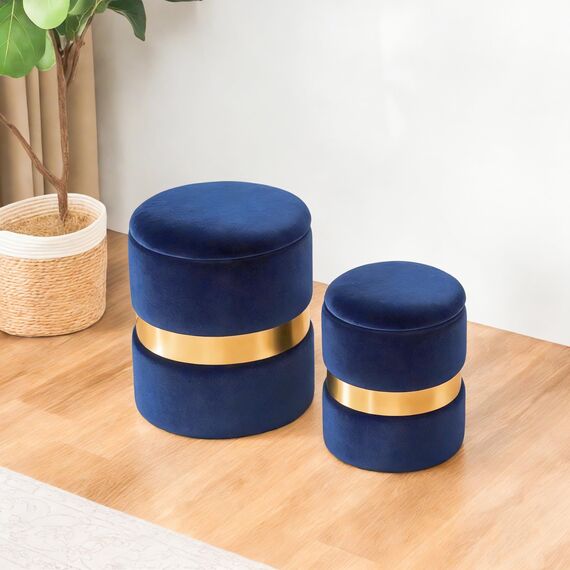 Joveco Runde Ottomane aus Samt, 2er-Set, Fußstütze, gepolsterter Fußhocker, Beistelltisch, Sitz, Make-up-Hocker mit Metallband (blau)