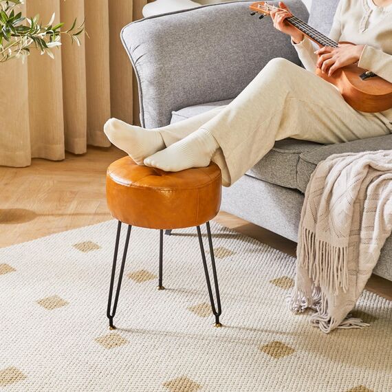 IBUYKE Runde Fußstütze aus Kunstleder, Make-up-Hocker, PU-Schminktisch, Sitzpuff, Couchhocker, goldene Stahlbeine, Hellbraun L/G-31J