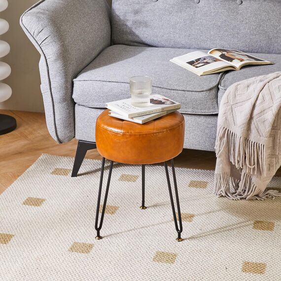 IBUYKE Runde Fußstütze aus Kunstleder, Make-up-Hocker, PU-Schminktisch, Sitzpuff, Couchhocker, goldene Stahlbeine, Hellbraun L/G-31J