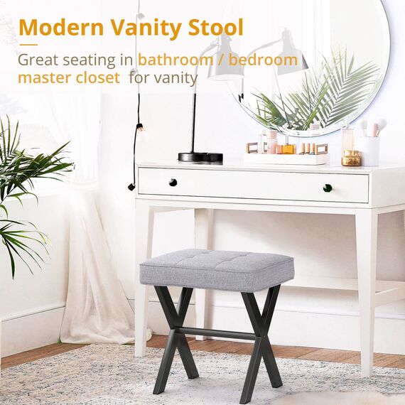 LUE BONA Moderner dunkelgrauer quadratischer Leinen-Kosmetikhocker mit X-Beinen aus Metall, 45,7 cm, quadratisch gepolsterter Sitz, 45,7 cm hoch, 3,7 kg, max. Gewicht 113,4 kg, keine Montage