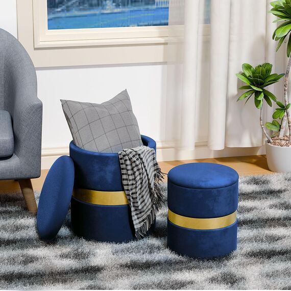 Joveco Runde Ottomane aus Samt, 2er-Set, Fußstütze, gepolsterter Fußhocker, Beistelltisch, Sitz, Make-up-Hocker mit Metallband (blau)