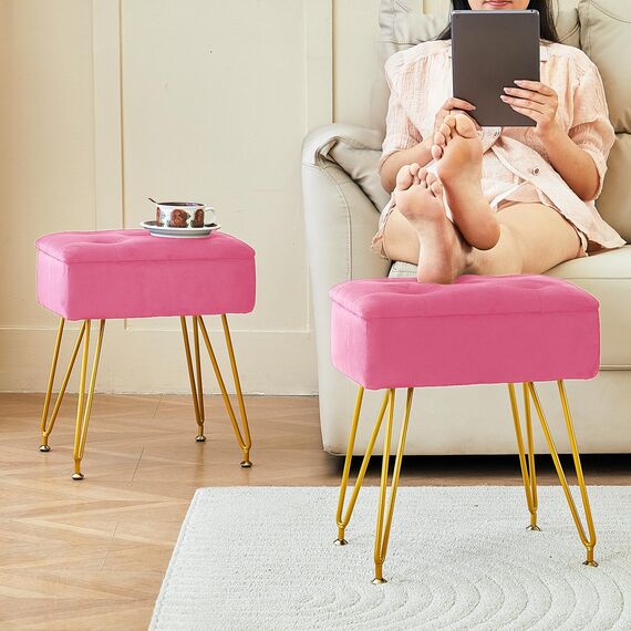 ALeesing Schminkhocker mit Stauraum, quadratischer Samt-Make-up-Schminkstuhl mit Metallbeinen und verstellbaren goldfarbenen Füßen, Klapp-Top-Ottomane, Fußstütze mit weich gepolstertem Sitz für