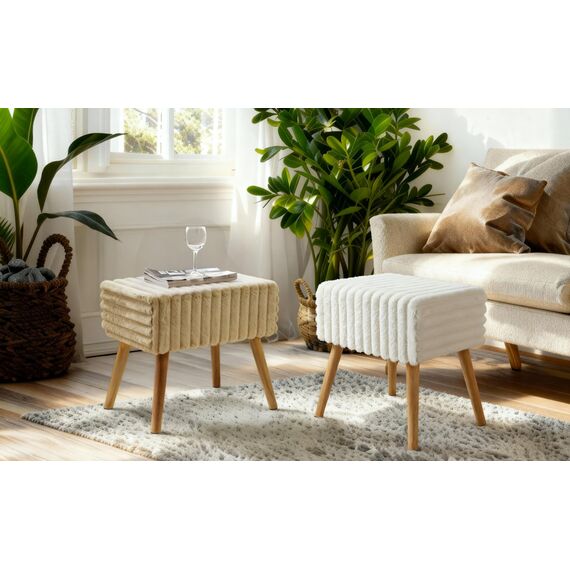 Zedelmaier Sitzhocker Hocker schminktisch Fußhocker Schminkhocker Polsterhocker gepolstert Vanity Stool Ottoman mit stabilen Holzbeinen für Wohnzimmer SchlafzimmerFlur BeigeKunstfell 42x31x44cm