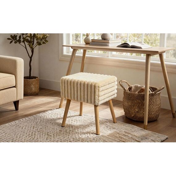 Zedelmaier Sitzhocker Hocker schminktisch Fußhocker Schminkhocker Polsterhocker gepolstert Vanity Stool Ottoman mit stabilen Holzbeinen für Wohnzimmer SchlafzimmerFlur Khaki Kunstfell 42x31x44cm