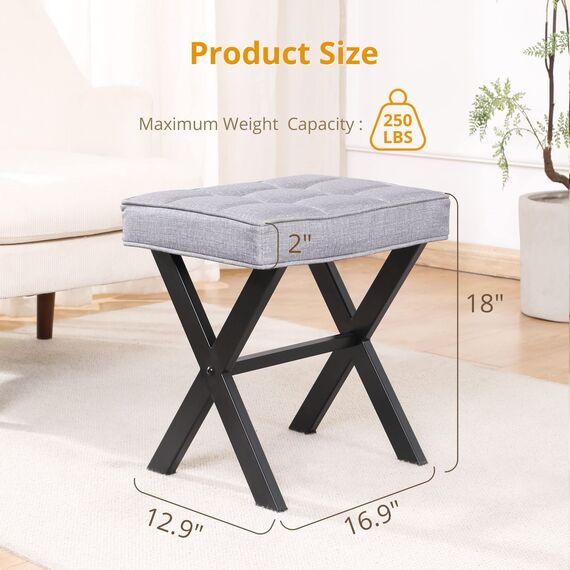 LUE BONA Moderner dunkelgrauer quadratischer Leinen-Kosmetikhocker mit X-Beinen aus Metall, 45,7 cm, quadratisch gepolsterter Sitz, 45,7 cm hoch, 3,7 kg, max. Gewicht 113,4 kg, keine Montage