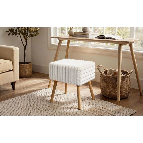Zedelmaier Sitzhocker Hocker schminktisch Fußhocker Schminkhocker Polsterhocker gepolstert Vanity Stool Ottoman mit stabilen Holzbeinen für Wohnzimmer SchlafzimmerFlur BeigeKunstfell 42x31x44cm