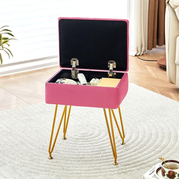 ALeesing Schminkhocker mit Stauraum, quadratischer Samt-Make-up-Schminkstuhl mit Metallbeinen und verstellbaren goldfarbenen Füßen, Klapp-Top-Ottomane, Fußstütze mit weich gepolstertem Sitz für