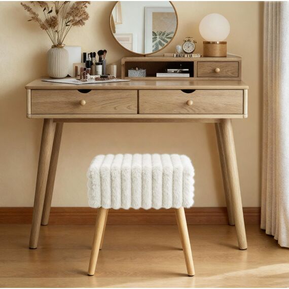 Zedelmaier Sitzhocker Hocker schminktisch Fußhocker Schminkhocker Polsterhocker gepolstert Vanity Stool Ottoman mit stabilen Holzbeinen für Wohnzimmer SchlafzimmerFlur BeigeKunstfell 42x31x44cm