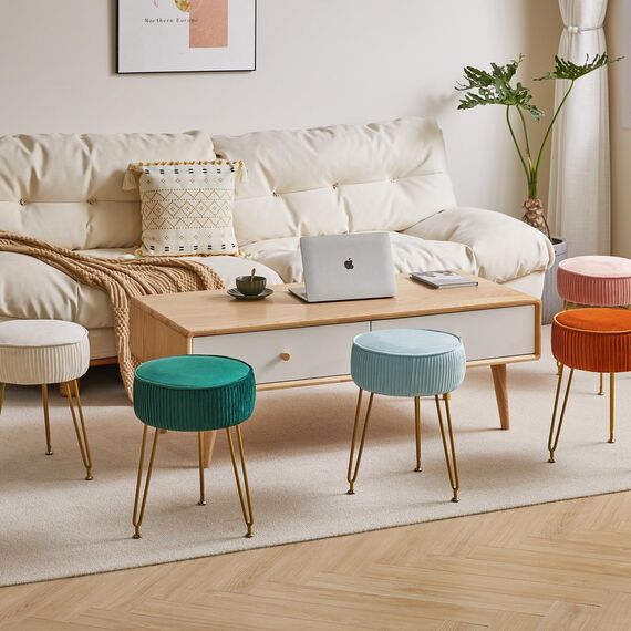 IBUYKE Samt Runde Fußstütze Hocker Ottoman, Make-up Eitelkeits Hocker Beistelltisch, Samt Ankleidetisch Sitz, Pouf Couch Hocker, goldene Stahlbeine, Blau L/G-30H