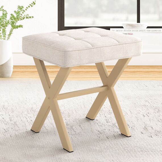 LUE BONA Fußhocker,Make-up Hocker mit X-Bein,Polsterhocker,Schminkhocker,Ottoman Sitz Fußstütze Hocker,Leinen Sitzhocker für Wohnzimmer,Schlafzimmer,43 x 33 x 46 cm,Leinen-Sand