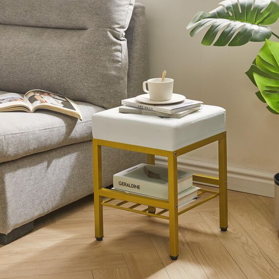 IBUYKE Quadratischer Make-up-Hocker mit justierbaren Füßen und Stauraum, Fußstützenstuhl, PU-Sitz Eitelkeitshocker, Multi-Use als Kleiner Beistelltisch oder Ottoman, für Schlafzimmer, Weiß L/G-60W