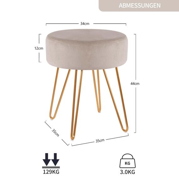 Duhome Sitzhocker Schminkhocker Samt Runder Ottoman Hocker Gepolsterter Hocker mit Metallbeine für Schminktisch Wohnzimmer Schlafzimmer, Beige