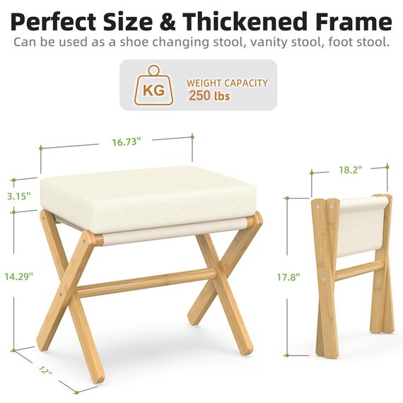 BAMBOOHOMIE Makeup Eitelkeit Hocker, Faltbarer Fußhocker mit Bambus X Beinen, Ottoman Fußstütze Stuhl für Vanity, Moderne Fußhocker klein gepolstert für Wohnzimmer (Natürlich - Beige)