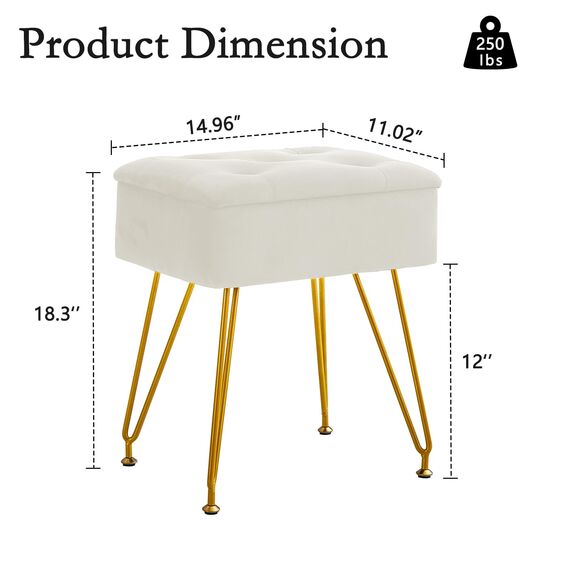 ALeesing Schminkhocker mit Stauraum, quadratischer Samt-Make-up-Schminkstuhl mit Metallbeinen und verstellbaren goldfarbenen Füßen, Klapp-Top-Ottomane, Fußstütze mit weich gepolstertem Sitz für