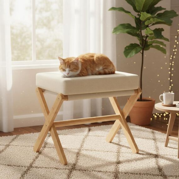 BAMBOOHOMIE Makeup Eitelkeit Hocker, Faltbarer Fußhocker mit Bambus X Beinen, Ottoman Fußstütze Stuhl für Vanity, Moderne Fußhocker klein gepolstert für Wohnzimmer (Natürlich - Beige)
