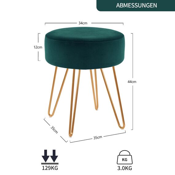 Duhome Sitzhocker Schminktisch Hocker Samt Runder Ottoman Hocker Gepolsterter mit Metallbeine für Schminktisch Wohnzimmer Schlafzimmer, Petrol