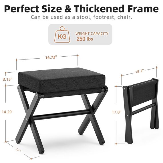 BAMBOOHOMIE Makeup Eitelkeit Hocker, Faltbarer Fußhocker mit Bambus X Beinen, Ottoman Fußstütze Stuhl für Vanity, Moderne Fußhocker klein gepolstert für Wohnzimmer (Schwarz - Schwarz)