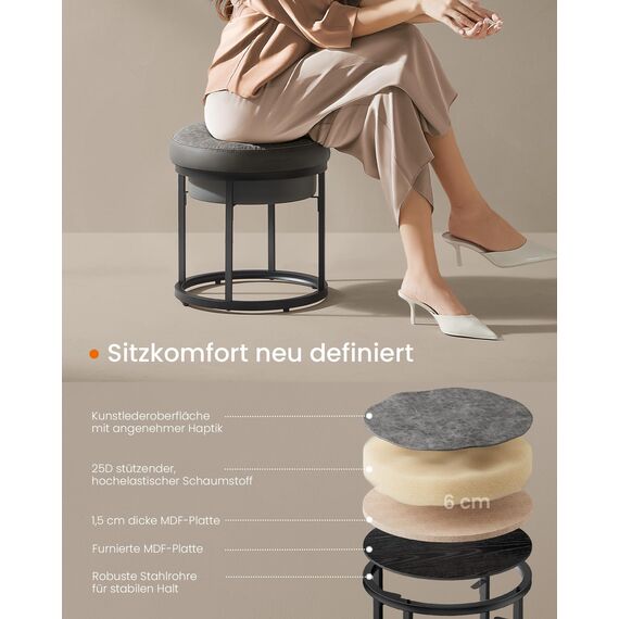 SONGMICS Home LUIZ Kollektion - Sitzhocker rund, Schminkhocker, Fußhocker, Oberteil wendbar, Hocker, Beistelltisch bis 300 kg belastbar, Schlafzimmer Wohnzimmer Flur, Taubengrau LOM080G01