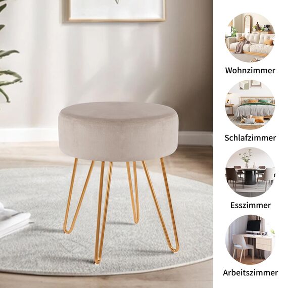 Duhome Sitzhocker Schminkhocker Samt Runder Ottoman Hocker Gepolsterter Hocker mit Metallbeine für Schminktisch Wohnzimmer Schlafzimmer, Beige