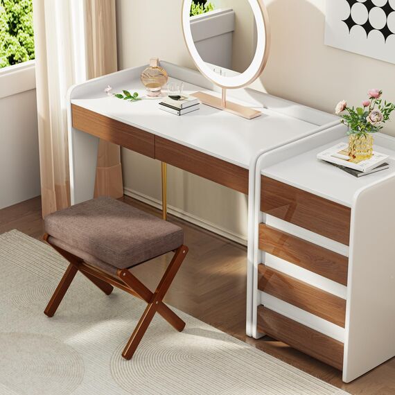 BAMBOOHOMIE Makeup Eitelkeit Hocker, Faltbarer Fußhocker mit Bambus X Beinen, Ottoman Fußstütze Stuhl für Vanity, Moderne Fußhocker klein gepolstert für Wohnzimmer (Braun - Braun)