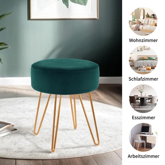 Duhome Sitzhocker Schminktisch Hocker Samt Runder Ottoman Hocker Gepolsterter mit Metallbeine für Schminktisch Wohnzimmer Schlafzimmer, Petrol