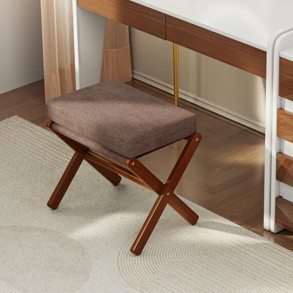 BAMBOOHOMIE Makeup Eitelkeit Hocker, Faltbarer Fußhocker mit Bambus X Beinen, Ottoman Fußstütze Stuhl für Vanity, Moderne Fußhocker klein gepolstert für Wohnzimmer (Braun - Braun)