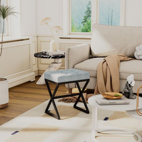 YMYNY Schminkhocker,Fußhocker, Leinen Sitzhocker, Make-up Dressing Hocker mit X-förmigen Metallbeinen, für Eitelkeit, Wohnzimmer, Schlafzimmer, Eingang, Flure 40×30×46CM Blau Grau HBD033L