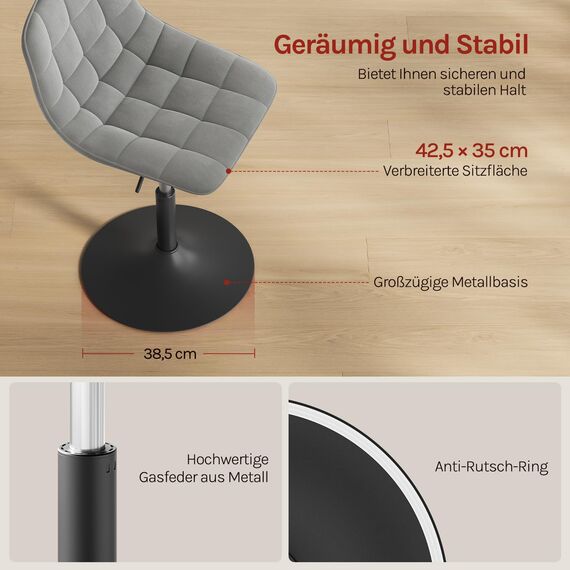 WOLTU Schminktisch Stuhl Hocker für Schminktisch, Schlafzimmer & Esszimmer - Höhenverstellbar, 360° Drehbar mit Rückenlehne, aus Bequemer Samt, Hellgrau