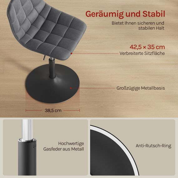 WOLTU Schminktisch Stuhl Hocker für Schminktisch, Schlafzimmer & Esszimmer - Höhenverstellbar, 360° Drehbar mit Rückenlehne, aus Bequemer Samt, Dunkelgrau