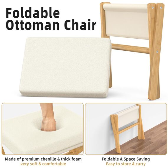 BAMBOOHOMIE Makeup Eitelkeit Hocker, Faltbarer Fußhocker mit Bambus X Beinen, Ottoman Fußstütze Stuhl für Vanity, Moderne Fußhocker klein gepolstert für Wohnzimmer (Natürlich - Beige)