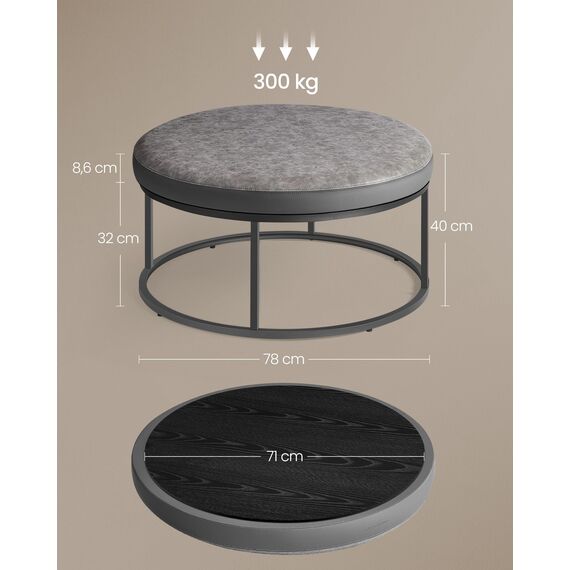SONGMICS Home LUIZ Kollektion-Couchtisch rund, Wohnzimmertisch, Oberteil wendbar, Beistelltisch, Sitzhocker, Stahlrahmen bis 300 kg belastbar, für Wohnzimmer, Taubengrau LOM078G01, 78x78x40cm