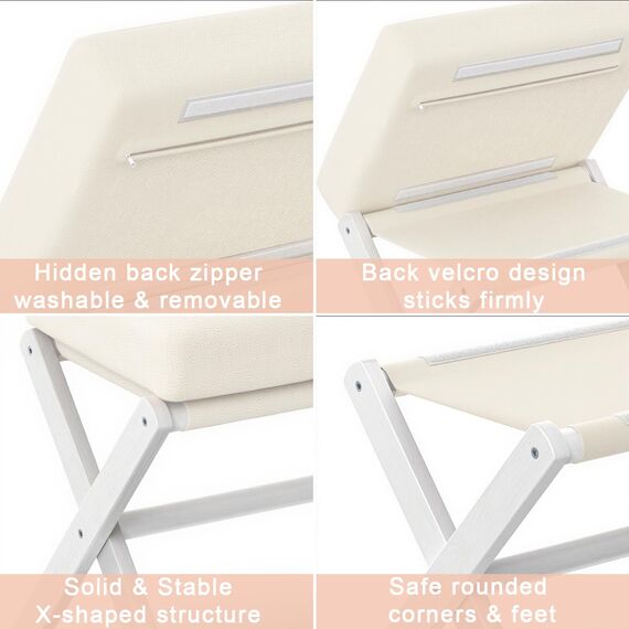 BAMBOOHOMIE Klappbarer Fußhocker mit Bambus-X-Bein & XXL-Sitzpolster - Faltbarer Schemel für Wohnzimmer, Schlafzimmer & Schminktisch (Weiß-Weiß)