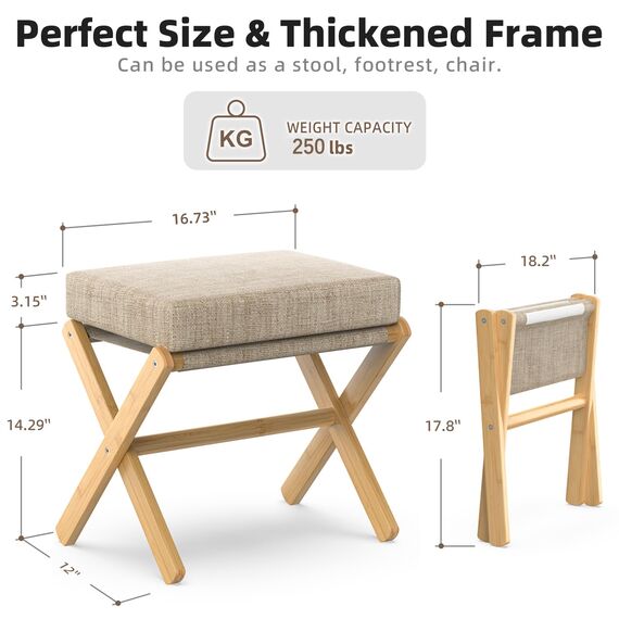 BAMBOOHOMIE Makeup Eitelkeit Hocker, Faltbarer Fußhocker mit Bambus X Beinen, Ottoman Fußstütze Stuhl für Vanity, Moderne Fußhocker klein gepolstert für Wohnzimmer (Natürlich - Braun)