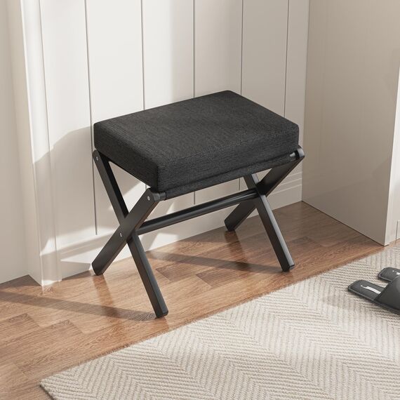 BAMBOOHOMIE Makeup Eitelkeit Hocker, Faltbarer Fußhocker mit Bambus X Beinen, Ottoman Fußstütze Stuhl für Vanity, Moderne Fußhocker klein gepolstert für Wohnzimmer (Schwarz - Schwarz)