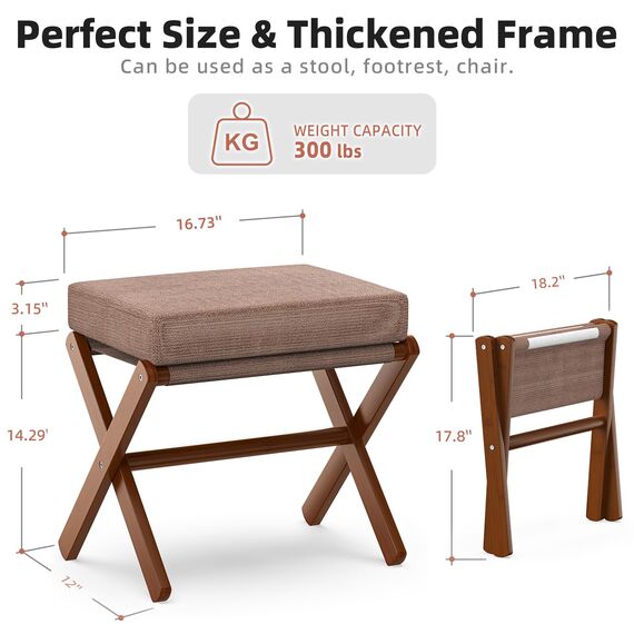 BAMBOOHOMIE Makeup Eitelkeit Hocker, Faltbarer Fußhocker mit Bambus X Beinen, Ottoman Fußstütze Stuhl für Vanity, Moderne Fußhocker klein gepolstert für Wohnzimmer (Braun - Braun)