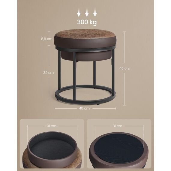 SONGMICS Home LUIZ Kollektion - Sitzhocker rund, Schminkhocker, Fußhocker, Oberteil wendbar, Hocker, Beistelltisch bis 300 kg belastbar, Schlafzimmer Wohnzimmer Flur, walnussbraun LOM080K01