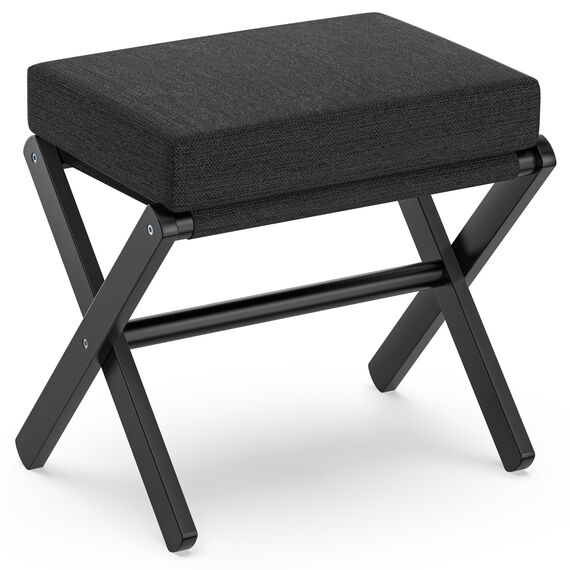 BAMBOOHOMIE Makeup Eitelkeit Hocker, Faltbarer Fußhocker mit Bambus X Beinen, Ottoman Fußstütze Stuhl für Vanity, Moderne Fußhocker klein gepolstert für Wohnzimmer (Schwarz - Schwarz)