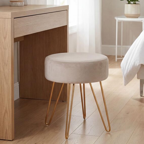 Duhome Sitzhocker Schminkhocker Samt Runder Ottoman Hocker Gepolsterter Hocker mit Metallbeine für Schminktisch Wohnzimmer Schlafzimmer, Beige
