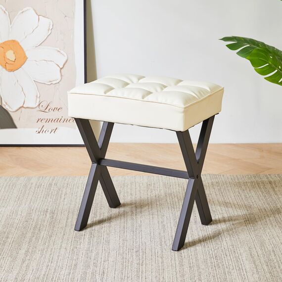 IBUYKE Square Make-up Hocker mit X-Bein Fußstütze, PU Fußstütze Hocker, Ottoman Sitz Eitelkeitshocker, Multi-Use als Kleiner Beistelltisch, für Schlafzimmer, Wohnzimmer, Weiß LG-71W