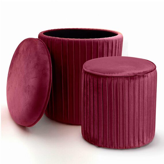 Norbe | Tik TAK | 2er-Set Sitzhocker in Zylinderform aus Samt, Gerippter Hocker | Fußstütze für Schreibtisch | Schminktisch | Schlafzimmer oder Wohnzimmer | Sessel (Weinrot)