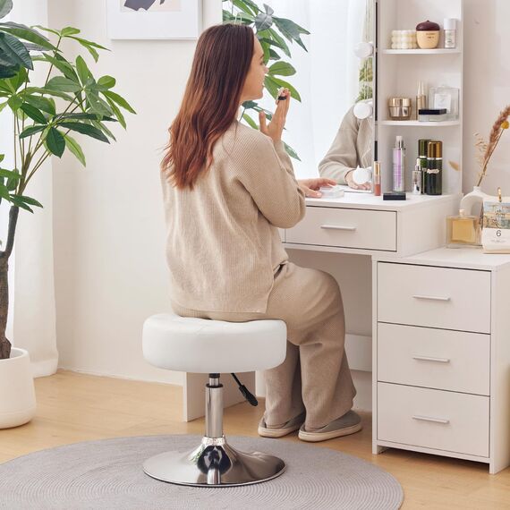 Furniliving Mid-Century Tufted Adjustable Swivel Makeup Ottoman Stool; Modern Big Size Round Vanity Stool Chair for Bedroom Living Room (White)