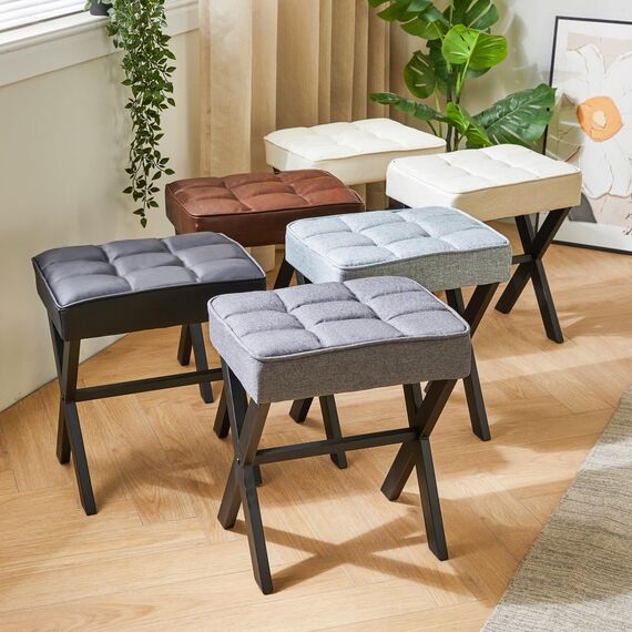 IBUYKE Quadratischer Make-up Hocker mit X-Bein Fußstütze, Leinen Fußstütze Hocker, Ottoman Sitz Eitelkeitshocker, Multi-Use als Kleiner Beistelltisch, für Schlafzimmer, Wohnzimmer, Graublau L/G-70L