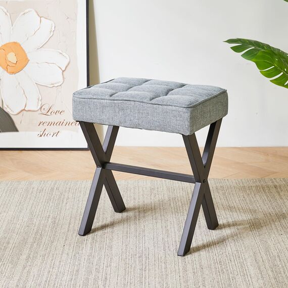 IBUYKE Quadratischer Make-up Hocker mit X-Bein Fußstütze, Leinen Fußstütze Hocker, Ottoman Sitz Eitelkeitshocker, Multi-Use als Kleiner Beistelltisch, für Schlafzimmer, Wohnzimmer, Graublau L/G-70L