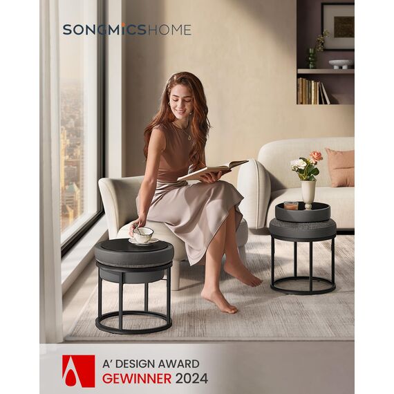 SONGMICS Home LUIZ Kollektion - Sitzhocker rund, Schminkhocker, Fußhocker, Oberteil wendbar, Hocker, Beistelltisch bis 300 kg belastbar, Schlafzimmer Wohnzimmer Flur, Taubengrau LOM080G01