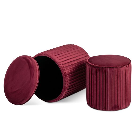 Norbe | Tik TAK | 2er-Set Sitzhocker in Zylinderform aus Samt, Gerippter Hocker | Fußstütze für Schreibtisch | Schminktisch | Schlafzimmer oder Wohnzimmer | Sessel (Weinrot)