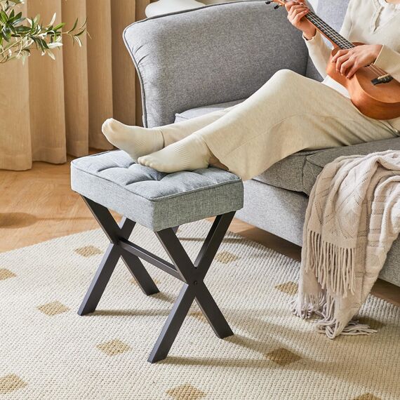 IBUYKE Quadratischer Make-up Hocker mit X-Bein Fußstütze, Leinen Fußstütze Hocker, Ottoman Sitz Eitelkeitshocker, Multi-Use als Kleiner Beistelltisch, für Schlafzimmer, Wohnzimmer, Graublau L/G-70L