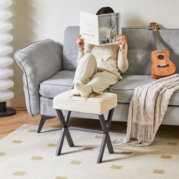 IBUYKE Quadratischer Make-up Hocker mit X-Bein Fußstütze, Leinen Fußstütze Hocker, Ottoman Sitz Eitelkeitshocker, Multi-Use als Kleiner Beistelltisch, für Schlafzimmer, Wohnzimmer, Leinen L/G-70Y