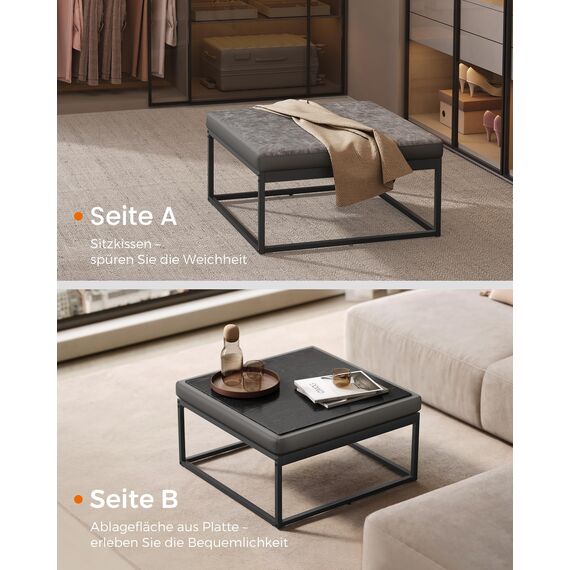 SONGMICS HOME LUIZ Kollektion-Couchtisch quadratisch, Wohnzimmertisch, Oberteil wendbar, Beistelltisch, Sitzhocker, Stahlrahmen bis 300 kg belastbar, für Wohnzimmer, Taubengrau LOM077G01, 78x78x40cm