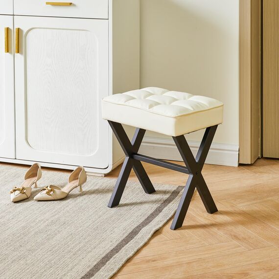 IBUYKE Square Make-up Hocker mit X-Bein Fußstütze, PU Fußstütze Hocker, Ottoman Sitz Eitelkeitshocker, Multi-Use als Kleiner Beistelltisch, für Schlafzimmer, Wohnzimmer, Weiß LG-71W